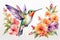 A illustration watercolor painting cute hummingbird and colorful flowers