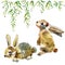 Illustration watercolor plush two brown rabbit and leaves