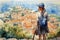 Illustration in a watercolor style. Travelling girl with backpage and cap looking down at beautiful town from viewing platform.