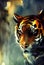 illustration of watercolor tiger, abstract color background, eye contact. Digital art.