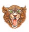 Illustration of a watercolor tiger head drawing in orange color with an open red mouth on an isolated background