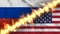 Illustration of a waving flag of russia and United States of America separated by a line of fire.