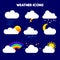 Illustration of weather. rain, storm, lightning, snow, sky with stars, rainbow, cloudy, sunset, moon, overcast, sun