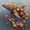 Illustration of whale made from wildflowers on white background. Stylized marine creatures. Save planet, Ecological problems,