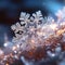 Illustration of a white ice snowflake. Macro shot of the fractal shape of a snowflake.