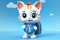 An illustration of a white kitten of schoolboy with a backpack on his back on blue background.