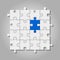 Illustration of white puzzle made of little pieces with blue element