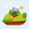 Illustration of windmills and a house on a hill. The image shows alternative energy sources. Nature, hills, grass and
