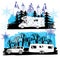 illustration of winter landscape with camper van, motorhome. Family trip. Drawing design for logo, snowflakes and