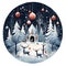 Illustration of a winter landscape in a circle. Christmas card as a symbol of remembrance of the birth of the savior