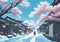 Illustration of Winter Magic in a Japanese Town: Cherry Blossoms and Snow