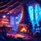 Illustration of a winter night in the village with a fireplace. AI generated