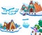 Illustration: Winter Snow Ice World Theme Elements Design . Game Assets. Pine Tree, Ice, Snow, Cottage, Island.