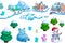 Illustration: Winter Snow Ice World Theme Elements Design Set 1. Game Assets. The House, The Tree, Ice, Snow, Snowman.