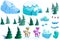 Illustration: Winter Snow Ice World Theme Elements Design Set 2. Game Assets. Pine Tree, Ice, Snow, Eskimo Igloo.