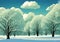 Illustration of a Winter Wonderland: Lush Landscape with Towering Trees, Blue Sky, and Fluffy White Snow