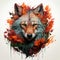 an illustration of a wolf surrounded by autumn leaves