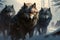 Illustration of wolves pack trekking through a winter wonderland forest. AI Generated