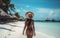 illustration of a woman on the beach of Maldives - concept of beach vacation. Generative AI