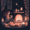 Illustration of woman cozy at home drinking a hot drink near the fireplace, hygge concept. Generative Ai