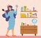Illustration of woman in dress caring for herself standing at table with mirror in room. Everyday personal care, hygienic