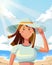 Illustration of woman lady use straw hat and white fashion at beach in summer vacation holiday