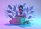 Illustration of a woman sitting on a rock among tropical leaves by the water in neon lighting. The concept of relaxation, yoga. 3D