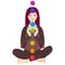 Illustration of a woman sitting in yoga lotus pose with colorful chakras