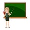 Illustration of a woman teacher at a chalkboard. Holding book and stick.