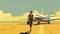 illustration of a woman walking from an airplane on the tarmac, 60\\\'s style, copy space, aviation theme