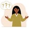 Illustration of a woman who is confused, questioning. Want to find answers. People around the question mark. Woman