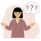 Illustration of a woman who is confused, questioning. Want to find answers. People around the question mark. Woman