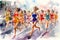 Illustration of Women Runners in a Marathon Watercolor Effect, Generative AI