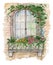 Illustration of wooden old retro window with shreds and small balcony wreathed in flowers. Watercolor illustration