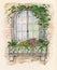 Illustration of wooden old retro window with shreds and small balcony wreathed in flowers. Watercolor illustration