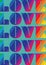 Illustration of the word love in rainbow letters repeated five times filling blue background