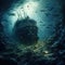 The illustration of the wreck of a sunken ancient merchant ship in the sea depths, generative AI content