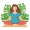 Illustration, yoga for pregnant. Long-haired pregnant woman in a yoga pose on a background of tropical leaves.