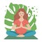 Illustration, yoga for pregnant. Long-haired pregnant woman in a yoga pose on a background of tropical leaves.