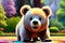 Illustration of an yong cute bear in a wild landscape. Colorful magic bear, cartoon style painting. Generative ai art illustration