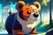 Illustration of an yong cute bear in a wild landscape. Colorful magic bear, cartoon style painting. Generative ai art illustration