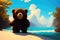 Illustration of an yong cute bear in a wild landscape. Colorful magic bear, cartoon style painting. Generative ai art illustration