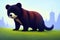 Illustration of an yong cute bear in a wild landscape. Colorful magic bear, cartoon style painting. Generative ai art illustration