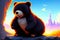 Illustration of an yong cute bear in a wild landscape. Colorful magic bear, cartoon style painting. Generative ai art illustration