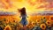 illustration of young beautiful woman walking by bright and vivid sunflower field at sunset, freedom and joy concept