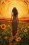 illustration of young beautiful woman walking by bright and vivid sunflower field at sunset, freedom and joy concept