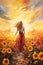 illustration of young beautiful woman walking by bright and vivid sunflower field at sunset, freedom and joy concept