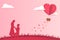Illustration Young couple dating in Valentine day , Man kneeling to propose married to woman. Paper Heart shape balloon floating