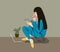 Illustration young girl sitting on the floor with cat, Digital paint Hipster style girl character with long hair wearing pajama