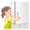 Illustration of a young housewife opening the refrigerator